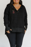 Black Casual Print Buckle Hooded Collar Tops