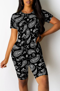 Black Casual Print Patchwork O Neck Short Sleeve Two Pieces