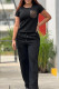 Black Casual Letter Print Draw String Pocket Patchwork O Neck Short Sleeve Two Pieces
