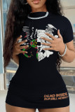 Black Sexy Print Patchwork O Neck Wrapped Skirt Dresses