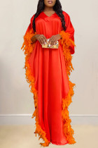 Orange Casual Solid Color Feathers Beading Patchwork V Neck Long Dresses