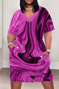 Purple Casual Print Pocket Patchwork V Neck Long Plus Size Dresses