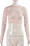 Pink Sexy Lace See-Through Patchwork O Neck T-Shirts