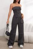 Grey Casual Daily Solid Color Pocket Patchwork Straight High Waist Conventional Solid Color Trousers
