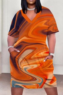 Orange Yellow Casual Print Pocket Patchwork V Neck Long Plus Size Dresses