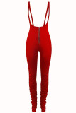 Green Street Solid Color Ruched Zipper Spaghetti Strap Skinny Jumpsuits
