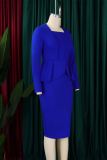 Royal Blue Casual Daily Solid Color Slit Patchwork Square Neck Pencil Skirt Plus Size Dresses