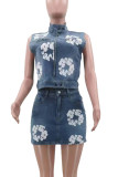 Blue Sexy Print Pocket Buttons Zipper Patchwork Turtleneck Sleeveless Two Pieces