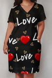 Black Casual Geometric Print Letter Print Pocket Contrast V Neck Printed Plus Size Dresses
