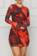 Red Celebrities Print Slit Patchwork O Neck Wrapped Skirt Dresses
