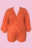 Orange Casual Solid Color Pocket Buttons V Neck Plus Size Two Pieces