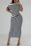 Pink Casual Striped Print Hollow Out Patchwork Oblique Collar Long Dresses