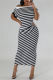 Black Casual Striped Print Hollow Out Patchwork Oblique Collar Long Dresses