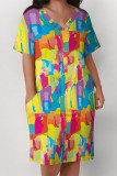 Black Casual Geometric Print Letter Print Pocket Contrast V Neck Printed Plus Size Dresses