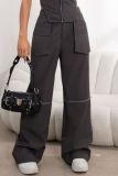 Grey Casual Daily Solid Color Pocket Patchwork Straight High Waist Conventional Solid Color Trousers