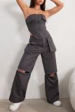 Grey Casual Daily Solid Color Pocket Patchwork Straight High Waist Conventional Solid Color Trousers
