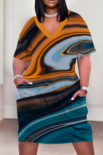 Cyan Casual Print Pocket Patchwork V Neck Long Plus Size Dresses