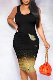 Black Casual Geometric Print Animal Print Flowers Contrast U Neck Printed Dresses