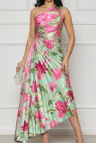 Green Casual Print Hollow Out Backless Oblique Collar Long Dresses