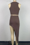 Coffee Celebrities Solid Color Slit Patchwork O Neck Sleeveless Two Pieces