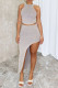 Apricot Celebrities Solid Color Slit Patchwork O Neck Sleeveless Two Pieces