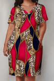 Black Casual Geometric Print Letter Print Pocket Contrast V Neck Printed Plus Size Dresses