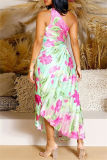 Green Casual Print Hollow Out Backless Oblique Collar Long Dresses