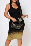 Black Casual Geometric Print Animal Print Flowers Contrast U Neck Printed Dresses