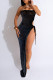Black Sexy Solid Color Hollow Out High Slit Patchwork Halter Long Dresses