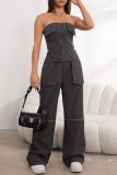 Grey Casual Daily Solid Color Pocket Patchwork Straight High Waist Conventional Solid Color Trousers