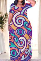 Blue Purple Casual Print Patchwork O Neck Straight Dresses