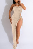 Apricot Sexy Solid Color Hollow Out High Slit Patchwork Halter Long Dresses