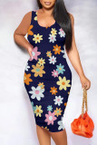 Black Casual Geometric Print Animal Print Flowers Contrast U Neck Printed Dresses