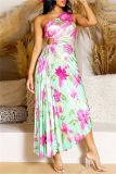 Green Casual Print Hollow Out Backless Oblique Collar Long Dresses