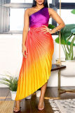Green Casual Print Hollow Out Backless Oblique Collar Long Dresses