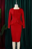 Red Casual Daily Solid Color Slit Patchwork Square Neck Pencil Skirt Plus Size Dresses