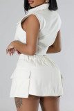 Pink Casual Solid Color Pocket Buttons Zipper Patchwork Turndown Collar Sleeveless Two Pieces
