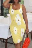 Light Blue Casual Floral Print Basic U Neck Vest Dresses