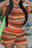 Orange Casual Print Basic O Neck Short Sleeve Two Pieces
