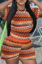 Orange Casual Print Basic O Neck Short Sleeve Two Pieces