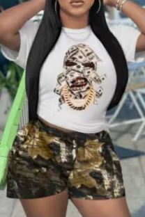 White Casual Print Basic O Neck Short Sleeve Two Pieces