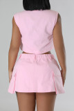 Pink Casual Solid Color Pocket Buttons Zipper Patchwork Turndown Collar Sleeveless Two Pieces