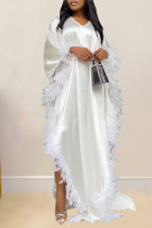 White Casual Solid Color Feathers Beading Patchwork V Neck Long Dresses