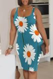 Light Blue Casual Floral Print Basic U Neck Vest Dresses