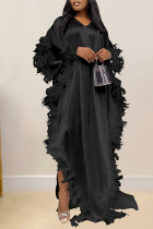Black Casual Solid Color Feathers Beading Patchwork V Neck Long Dresses
