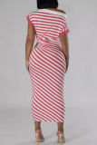 Pink Casual Striped Print Hollow Out Patchwork Oblique Collar Long Dresses