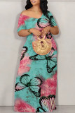Tibetan Blue Casual Geometric Print Butterfly Print Contrast Off Shoulder Printed Dresses