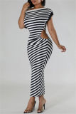 Pink Casual Striped Print Hollow Out Patchwork Oblique Collar Long Dresses