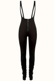 Green Street Solid Color Ruched Zipper Spaghetti Strap Skinny Jumpsuits