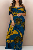 Yellow Casual Print Pocket Patchwork Off Shoulder Long Dresses